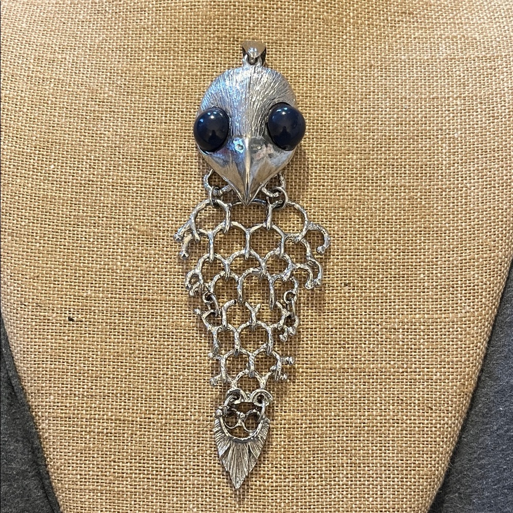 Huge Silver Tone Articulated‎ Owl Pendant